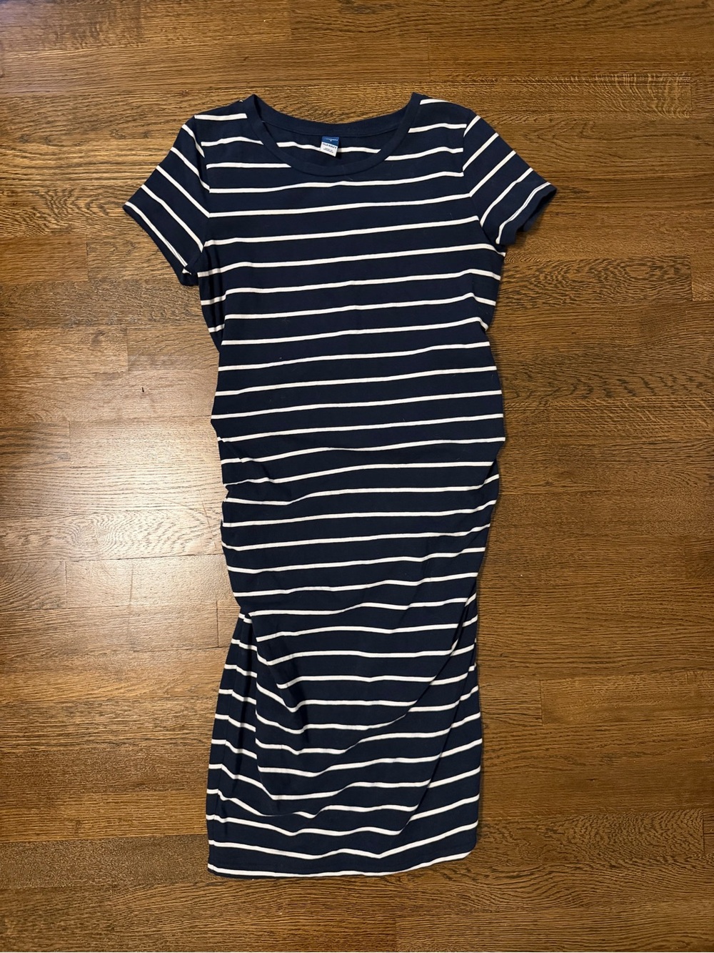 Navy and White Striped Short-Sleeve Midi Maternity Dress